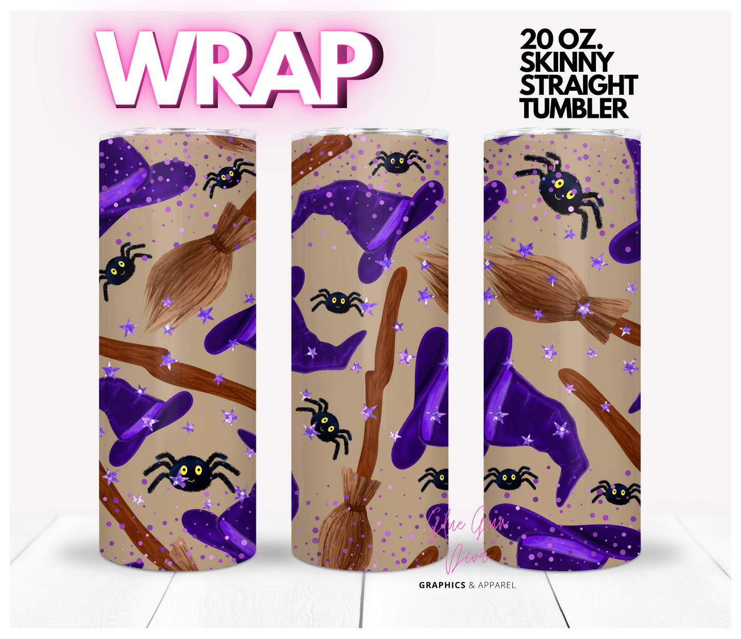 Hat and Brooms Party - Digital tumbler wrap for 20 oz skinny straight tumbler