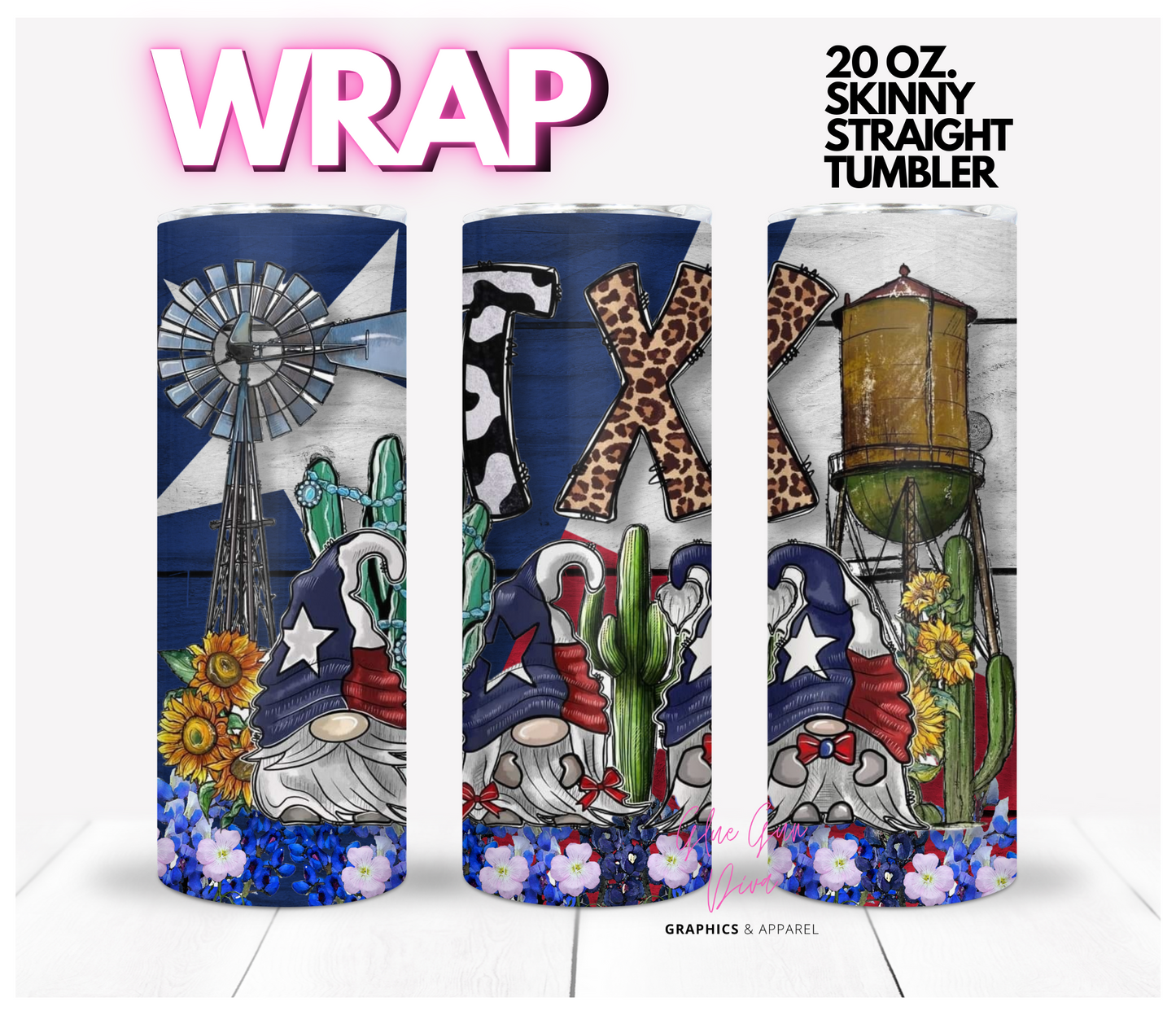 Texas Gnomes- Digital tumbler wrap for 20 oz skinny straight tumbler
