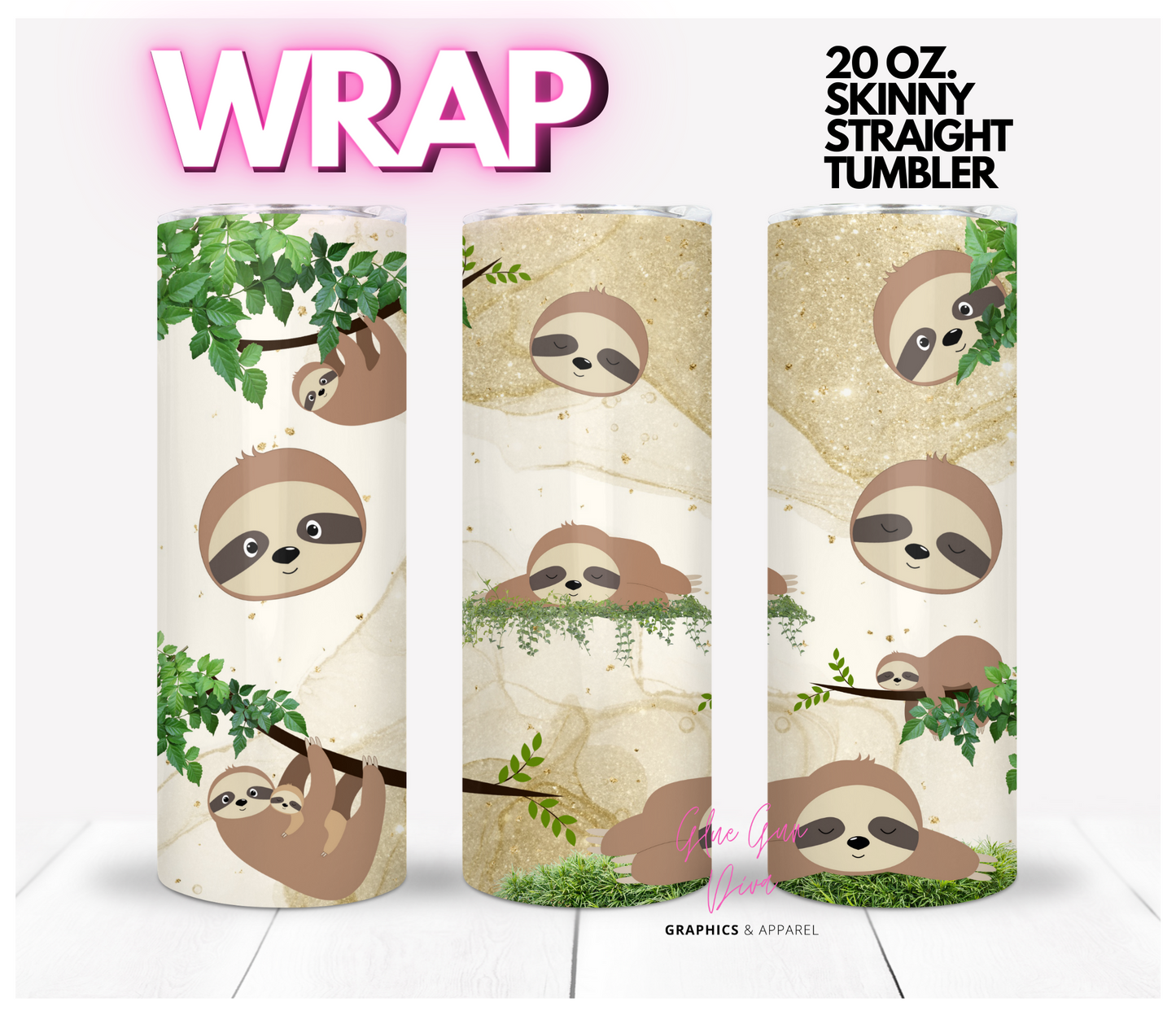 Cute Sloth - Digital tumbler wrap for 20 oz skinny straight tumbler