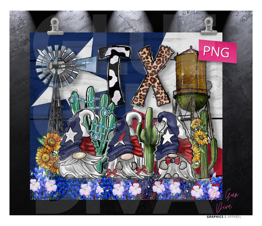 Texas Gnomes- Digital tumbler wrap for 20 oz skinny straight tumbler