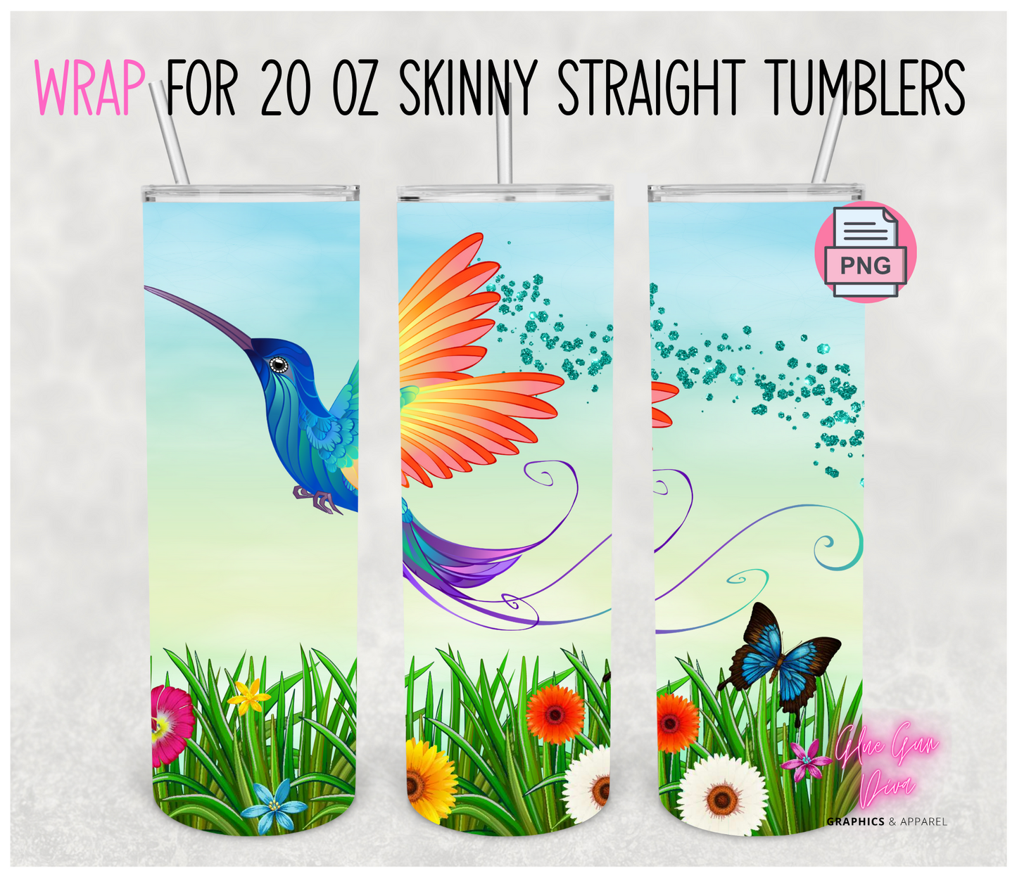 Rainbow Hummingbird- Digital tumbler wrap for 20 oz skinny straight tumbler