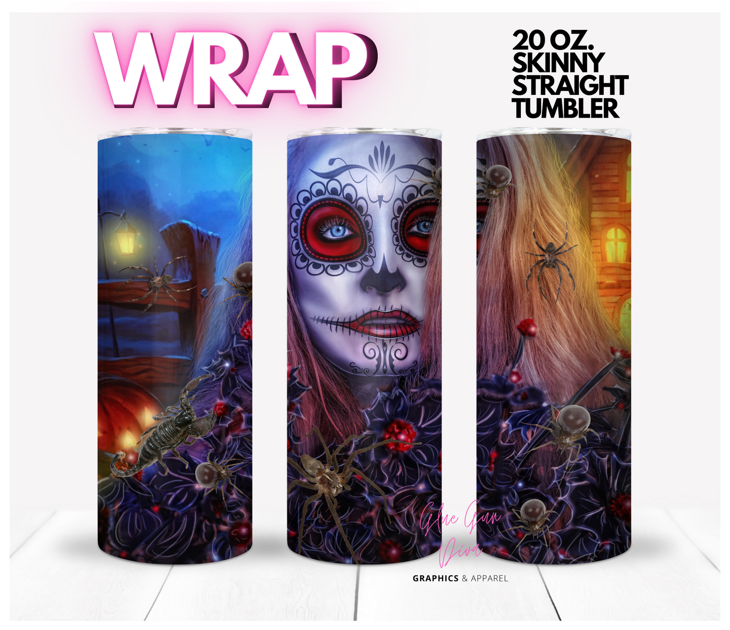 Sugar Skull and insects - Digital tumbler wrap for 20 oz skinny straight tumbler