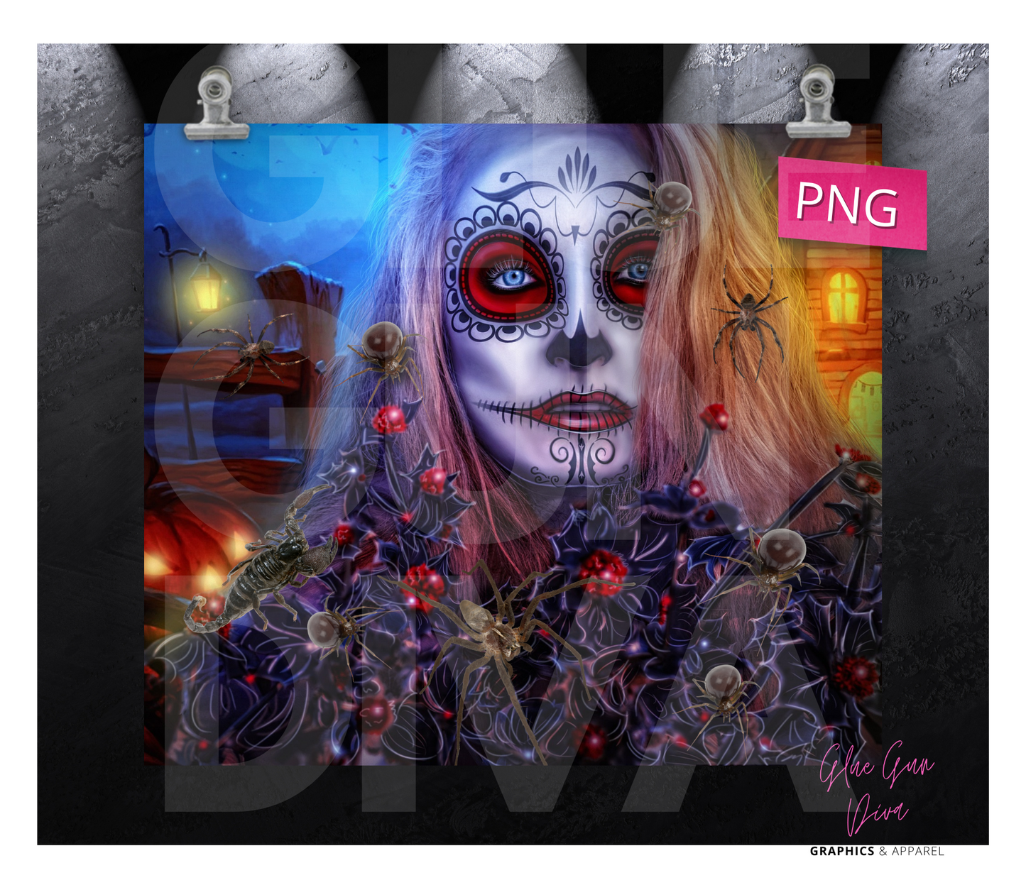 Sugar Skull and insects - Digital tumbler wrap for 20 oz skinny straight tumbler