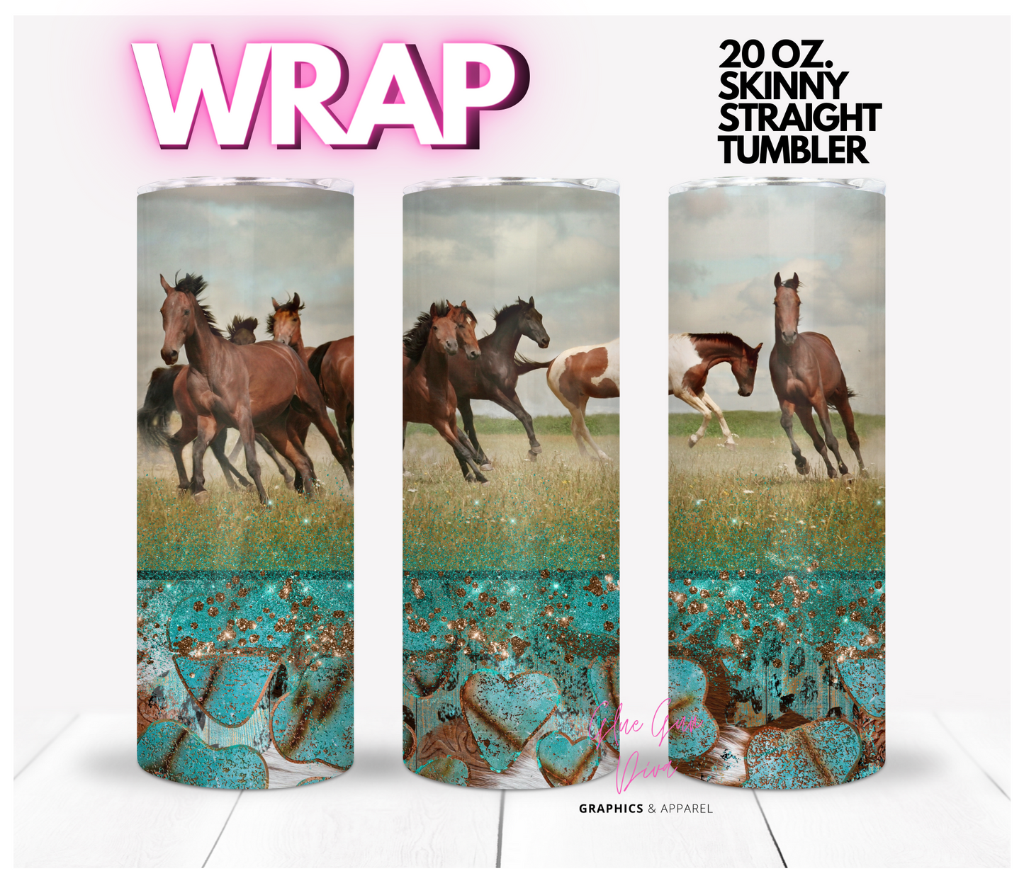 Horses - Digital tumbler wrap for 20 oz skinny straight tumbler