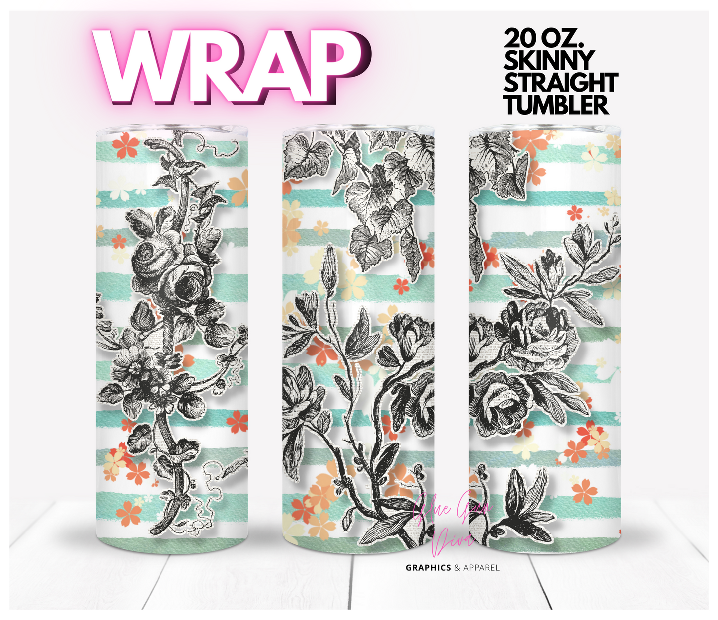 Newspaper Flowers - Digital tumbler wrap for 20 oz skinny straight tumbler