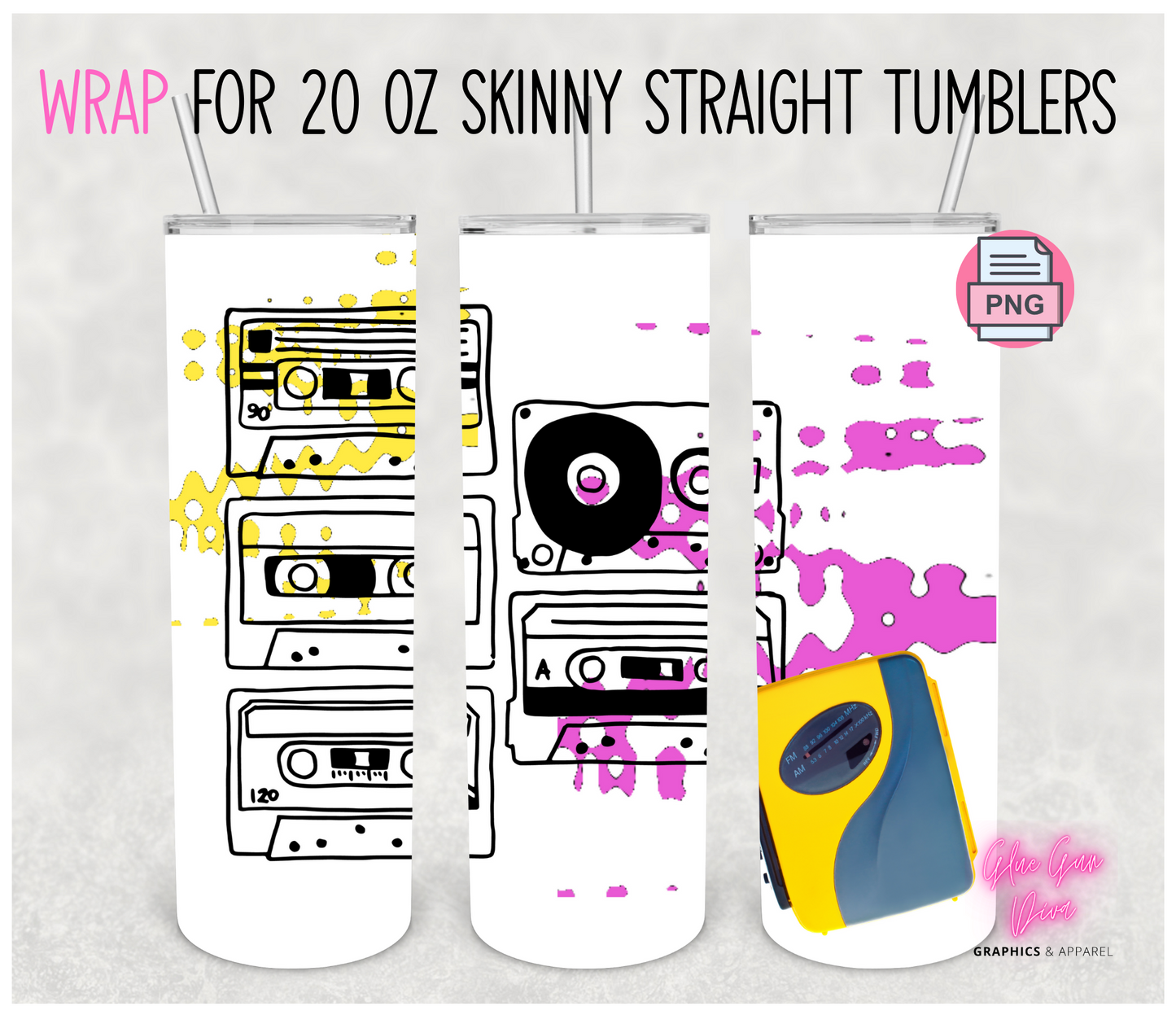 Cassette Player and tapes- Digital tumbler wrap for 20 oz skinny straight tumbler