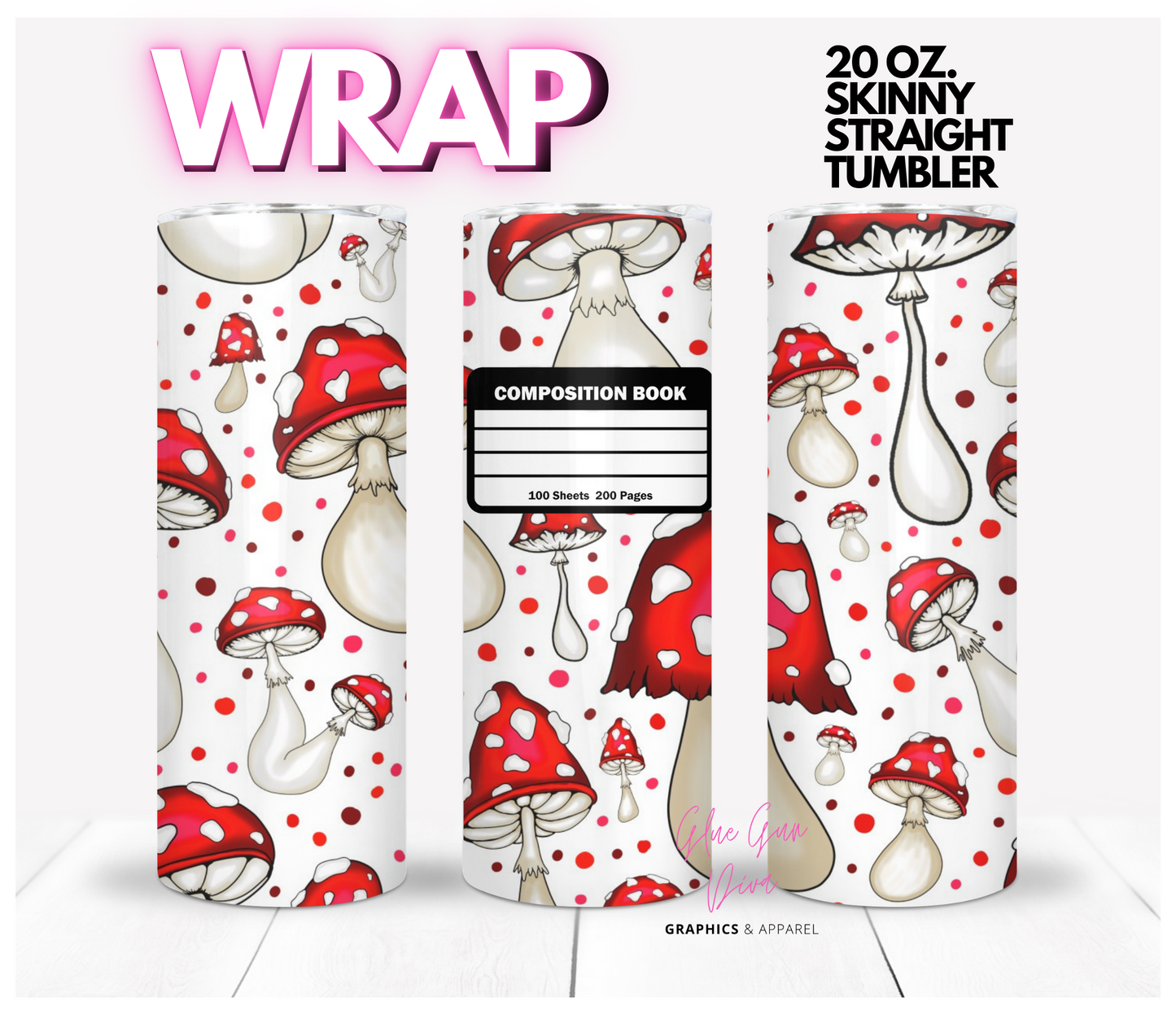Mushroom Composition Notebook- Digital tumbler wrap for 20 oz skinny straight tumbler