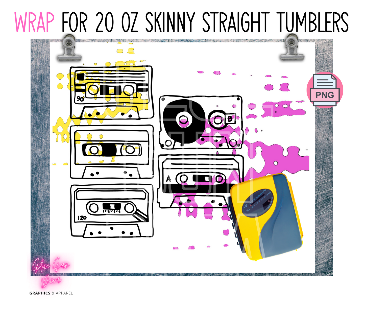 Cassette Player and tapes- Digital tumbler wrap for 20 oz skinny straight tumbler