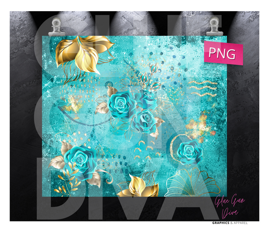 Gold And Turquoise Dream- Digital tumbler wrap for 20 oz skinny straight tumbler