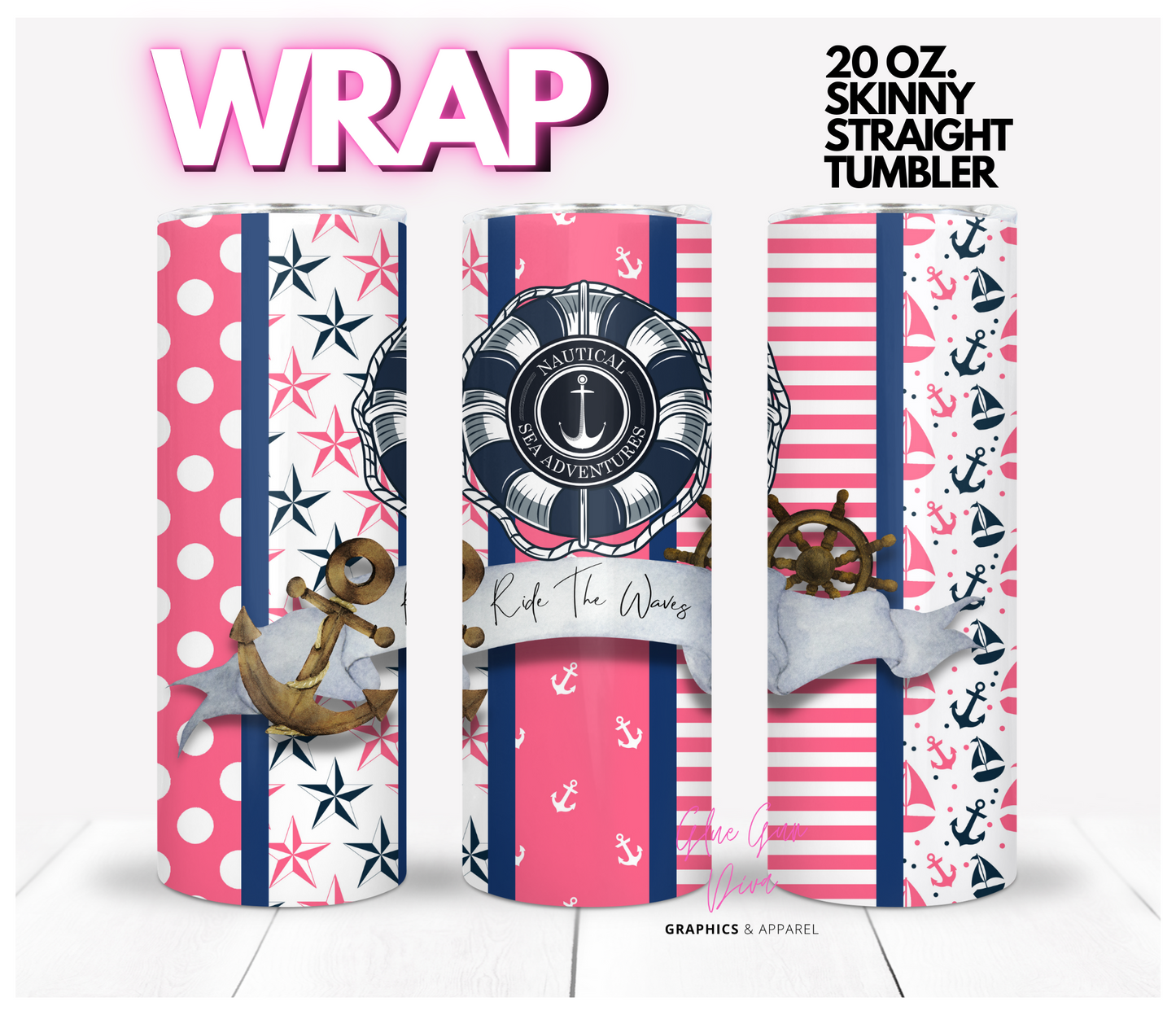 Hot Pink Nautical - Digital tumbler wrap for 20 oz skinny straight tumbler