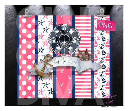 Hot Pink Nautical - Digital tumbler wrap for 20 oz skinny straight tumbler
