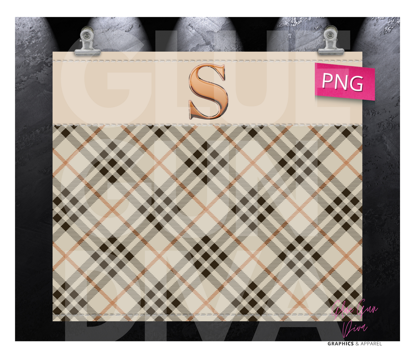 Letter S Plaid Canvas with Initial - Digital tumbler wrap for 20 oz skinny straight tumbler