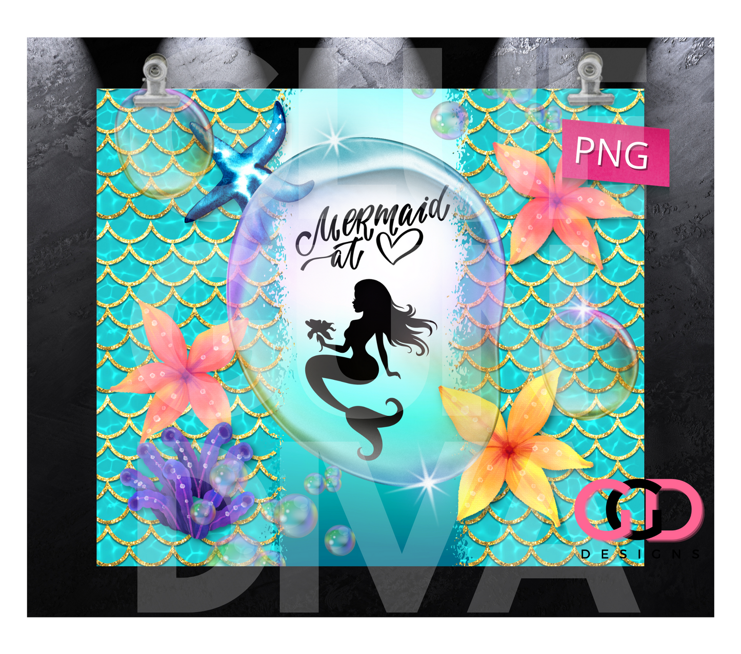 Mermaid At Heart - Digital tumbler wrap for 20 oz skinny straight tumbler