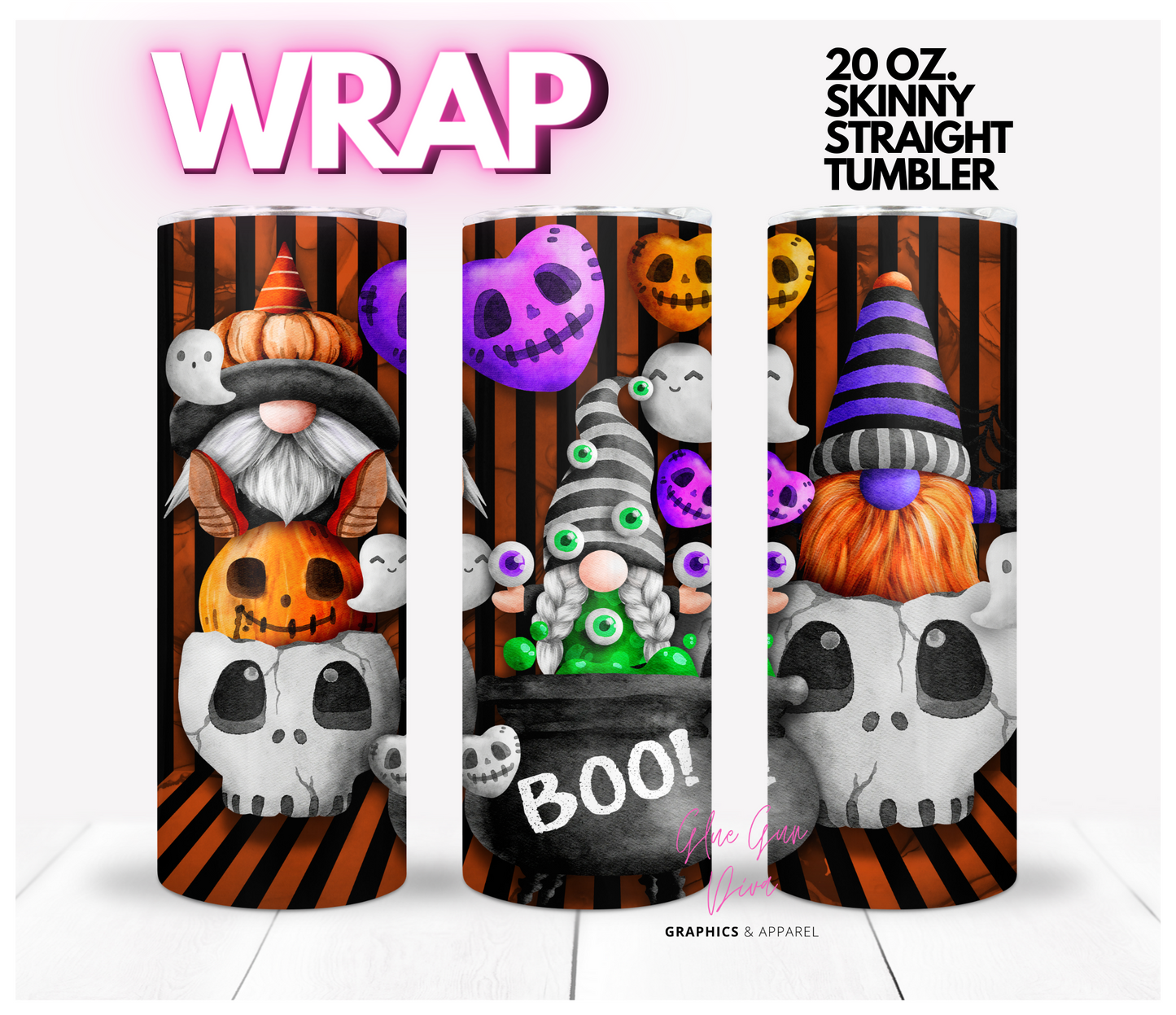 Halloween Gnome Trio - Digital tumbler wrap for 20 oz skinny straight tumbler