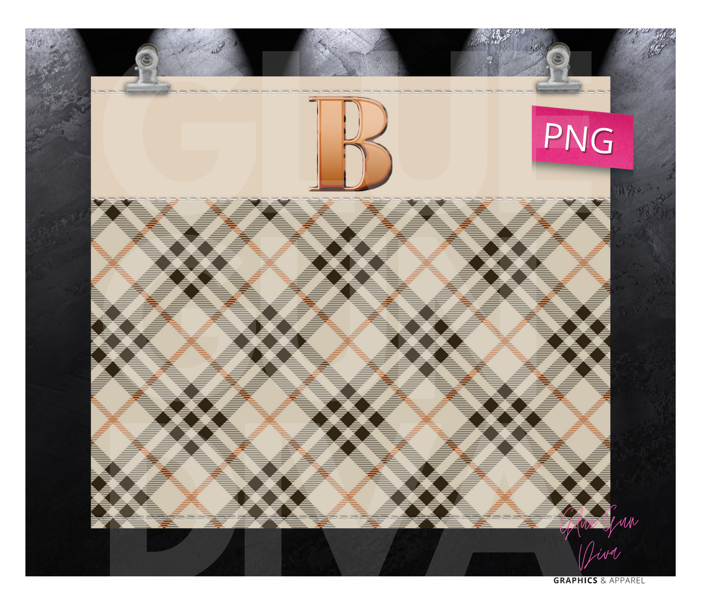 Letter B Plaid Canvas with Initial - Digital tumbler wrap for 20 oz skinny straight tumbler