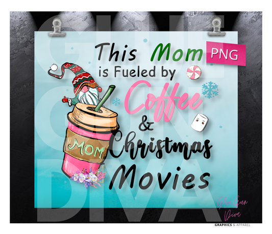 Fueled by Coffee and Christmas Movies - Digital tumbler wrap for 20 oz skinny straight tumbler