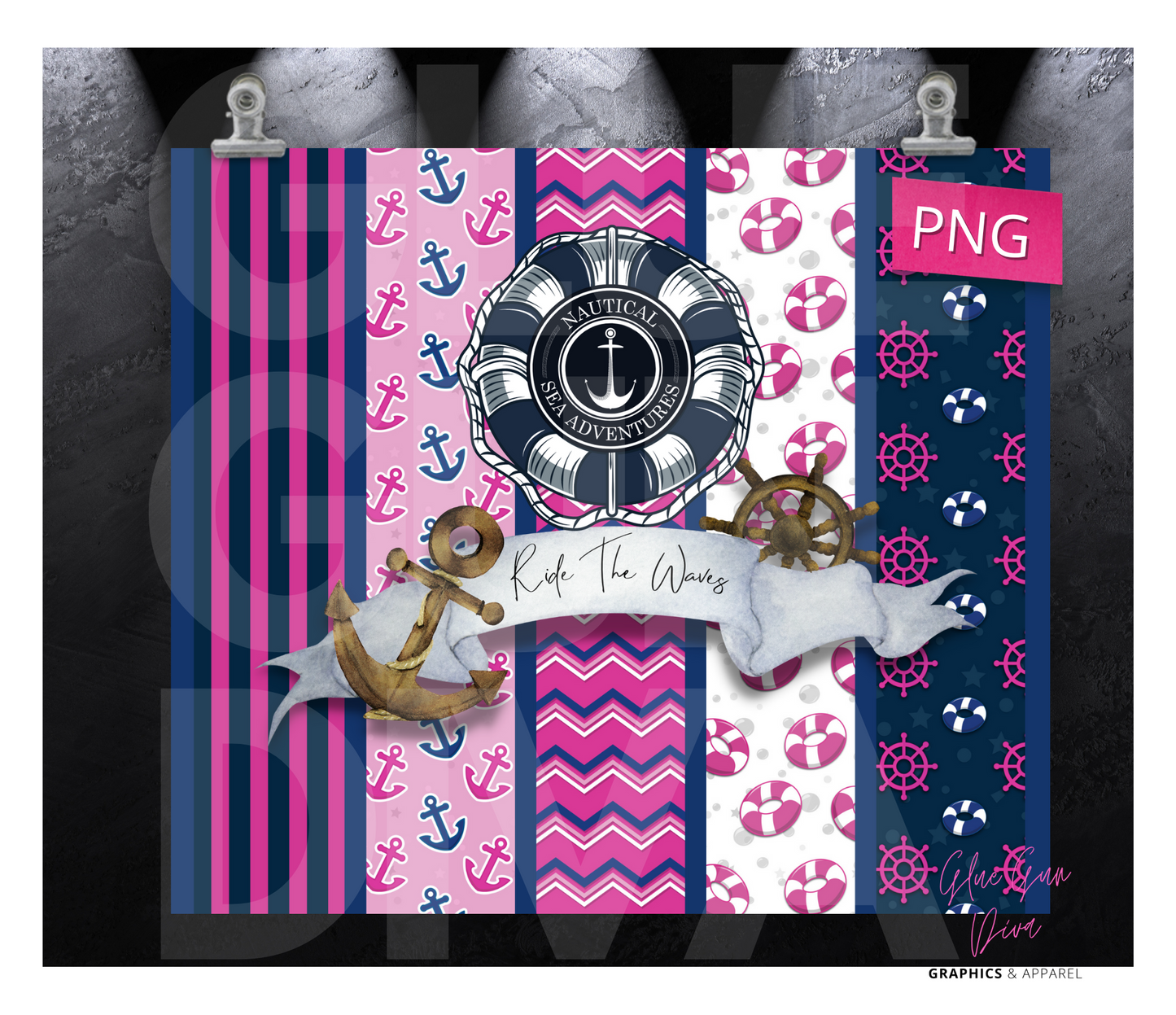 Purple Pink Nautical - Digital tumbler wrap for 20 oz skinny straight tumbler