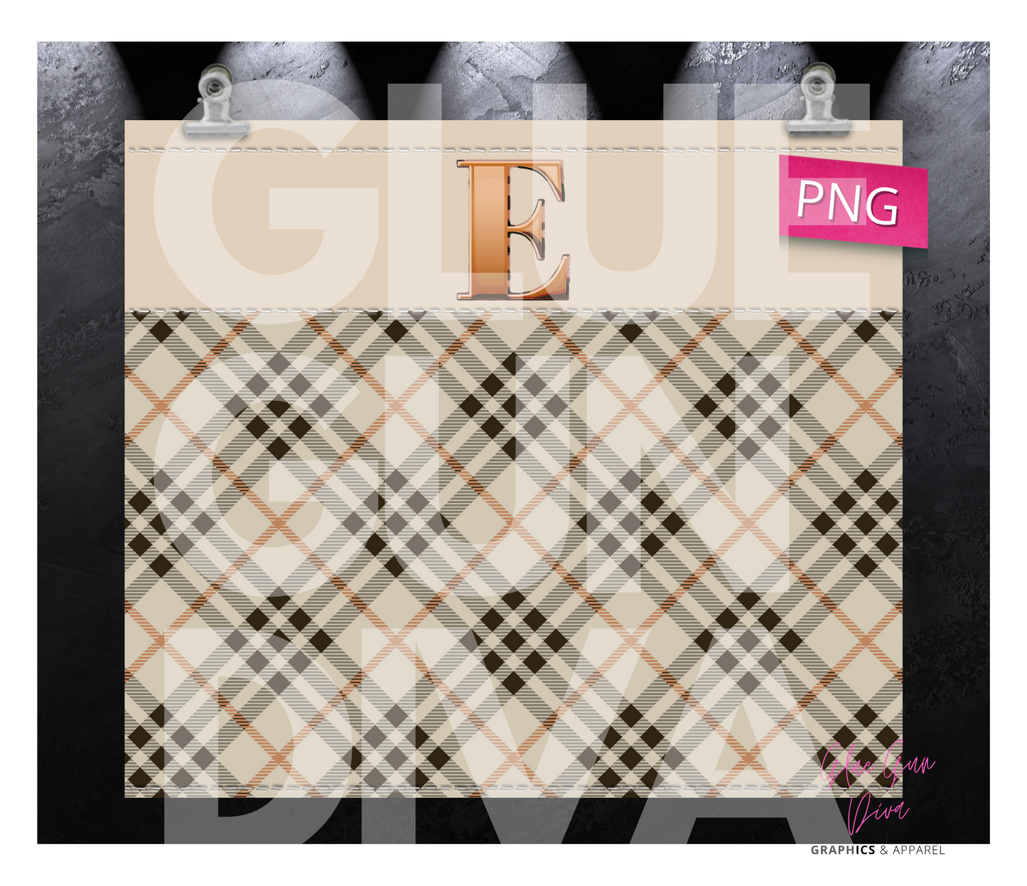 Letter E Plaid Canvas with Initial - Digital tumbler wrap for 20 oz skinny straight tumbler