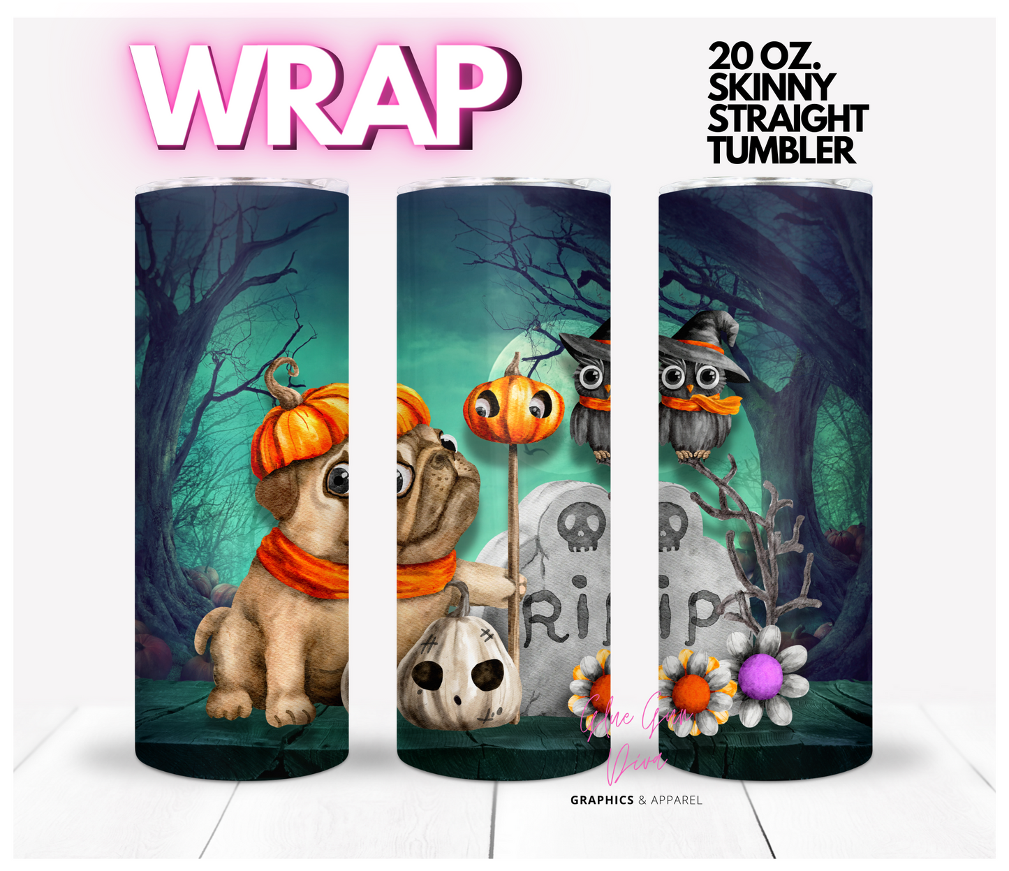 Puppy and friends Halloween - Digital tumbler wrap for 20 oz skinny straight tumbler