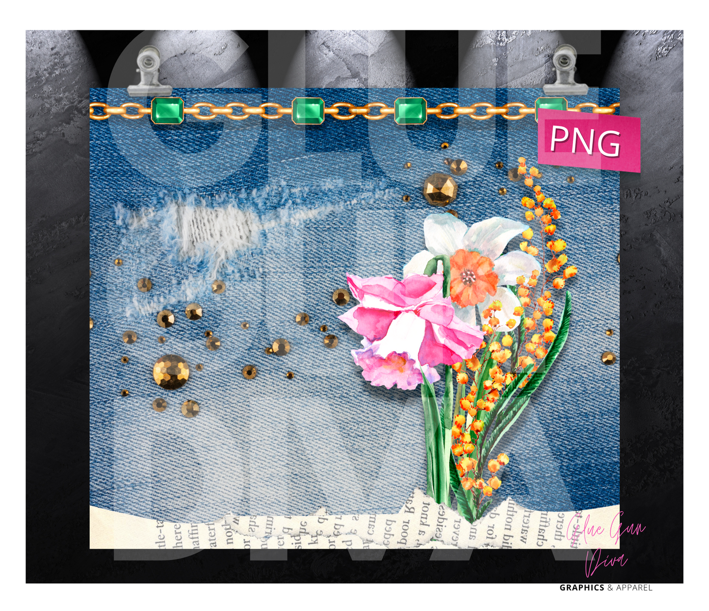 Jeans Flowers and Gems- Digital tumbler wrap for 20 oz skinny straight tumbler