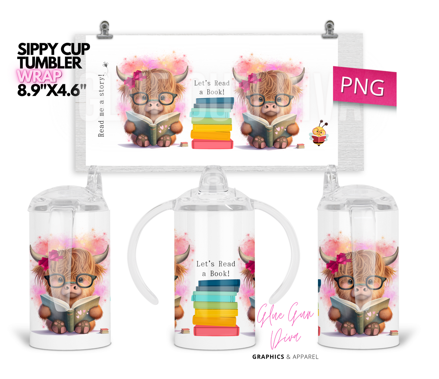 Highland Cow Reader Girl- Digital Sippy Cup Wrap for kid's cups 12 oz
