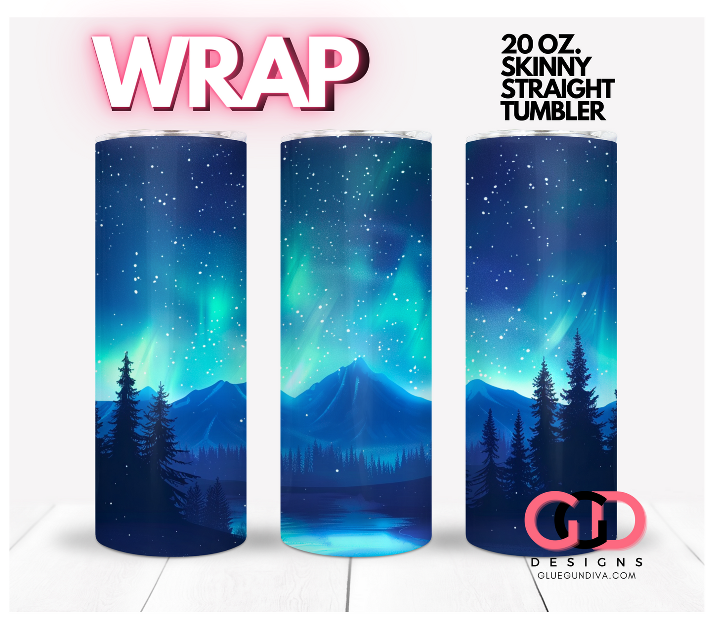 Northern Lights Blue -  Digital tumbler wrap for 20 oz skinny straight tumbler