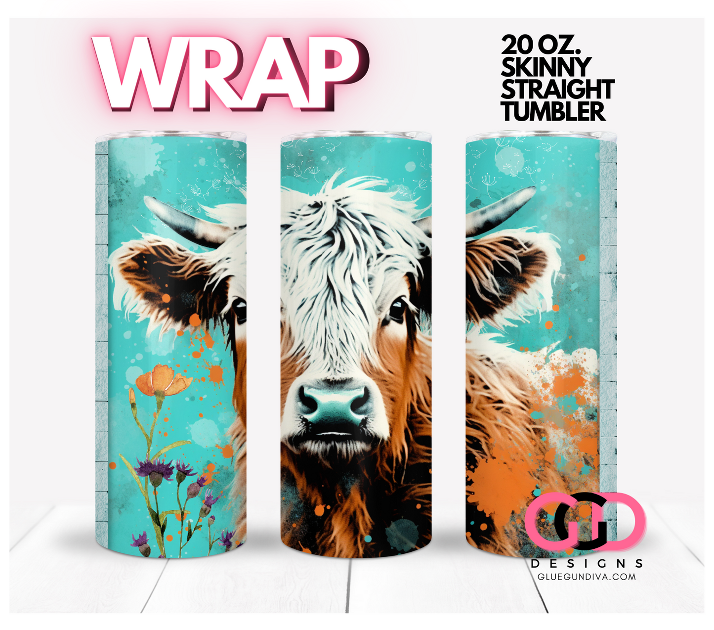 Highland Cow in Turquoise-   Digital tumbler wrap for 20 oz skinny straight tumbler