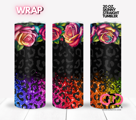 Colorized Roses Leopard Glittter -  Digital tumbler wrap for 20 oz skinny straight tumbler