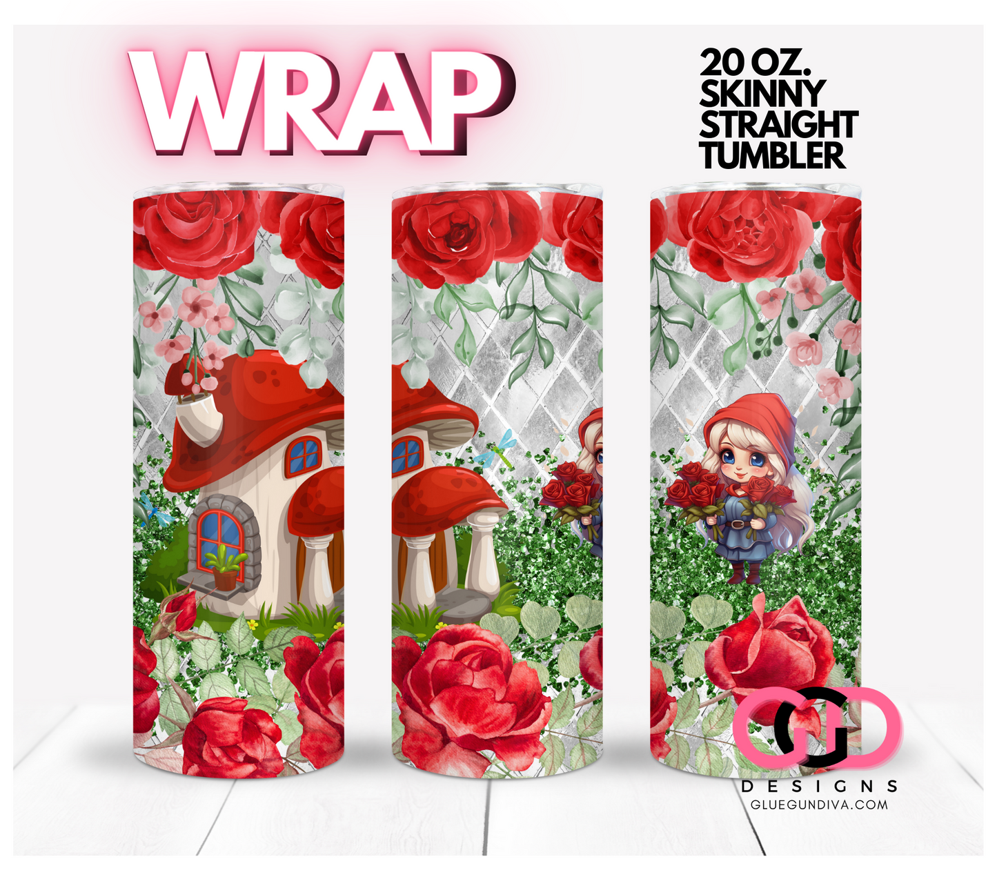 Red Roses Gnome Girl-   Digital tumbler wrap for 20 oz skinny straight tumbler