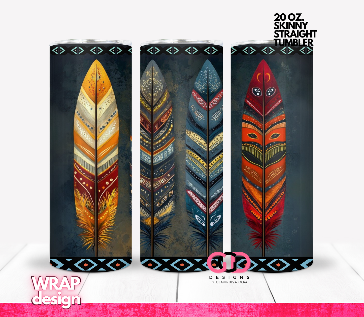 Bold Feathers -   Digital tumbler wrap for 20 oz skinny straight tumbler