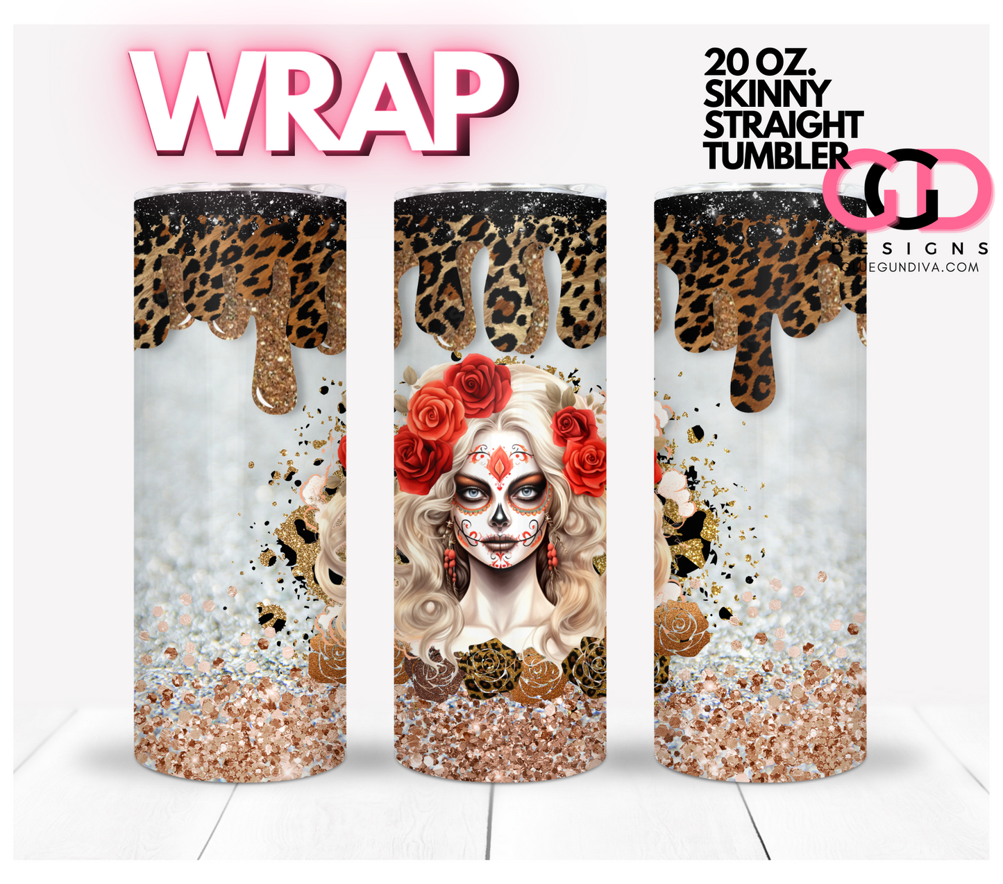 Dia De los Muertos Animal Print White-   Digital tumbler wrap for 20 oz skinny straight tumbler