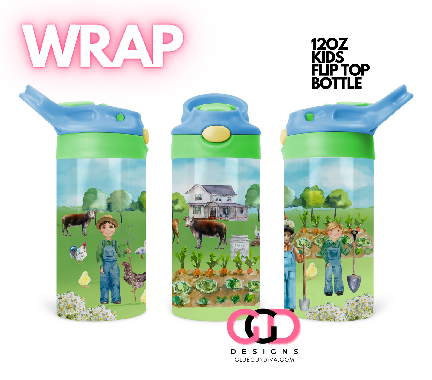 Farmer Boys- Digital Flip Top Bottle Wrap for kid's bottles 12 oz