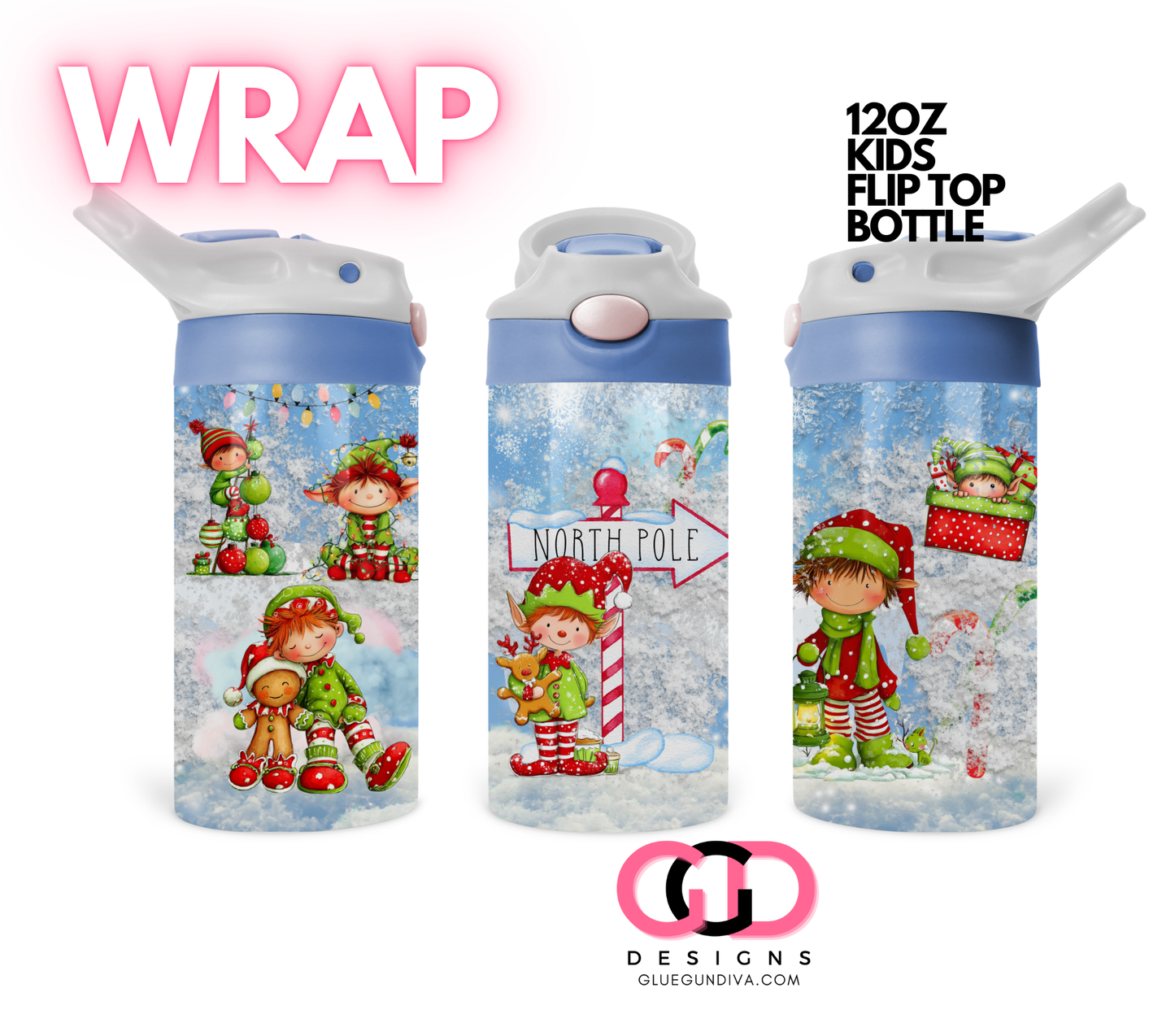 Frosty Elves - Digital Flip Top Bottle Wrap for kid's bottles 12 oz