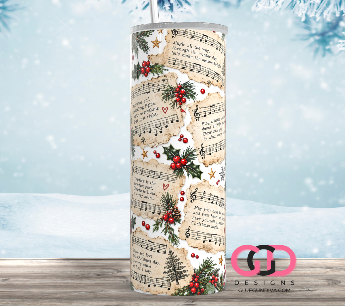 Christmas Music Sheets -  Digital tumbler wrap for 20 oz skinny straight tumbler