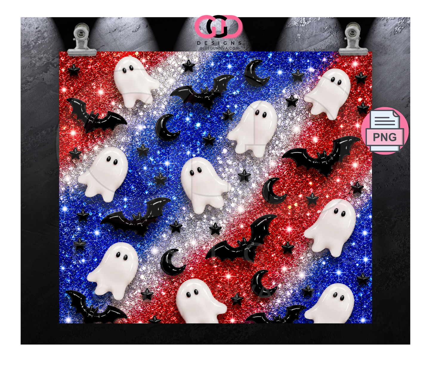 Glossy Ghosts Red White Blue -  Digital tumbler wrap for 20 oz skinny straight tumbler