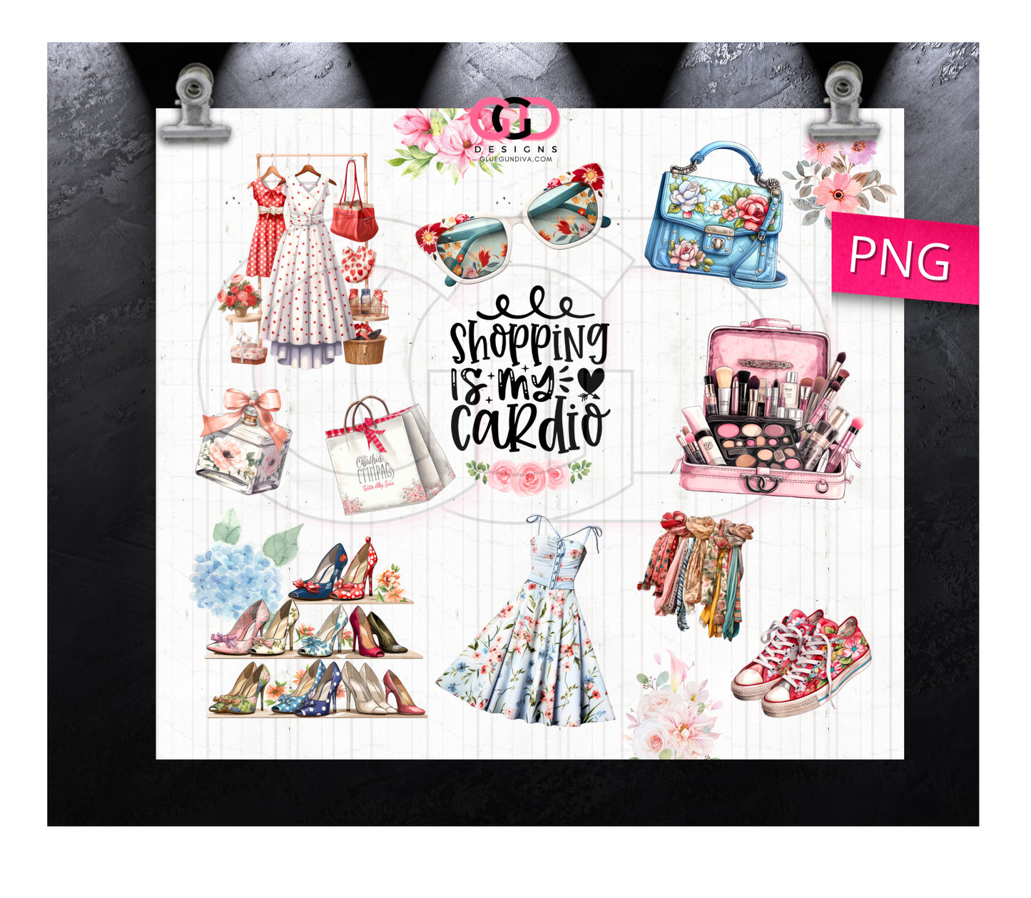 Shopping is my cardio Shabby Chic-  Digital tumbler wrap for 20 oz skinny straight tumbler