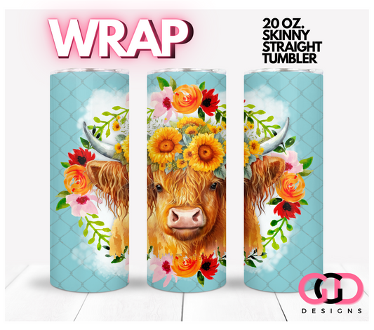 Highland Cow and Flowers-   Digital tumbler wrap for 20 oz skinny straight tumbler