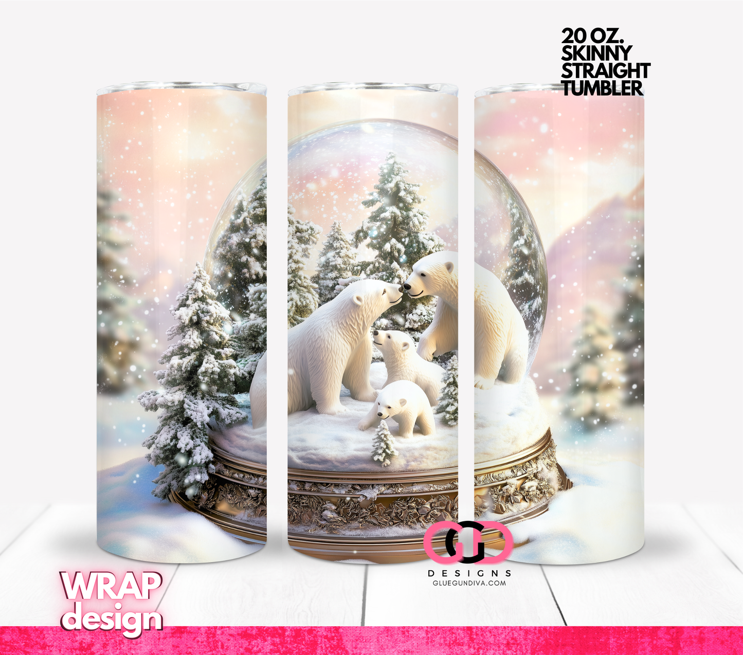 Polar Family Snow Globe -  Digital tumbler wrap for 20 oz skinny straight tumbler