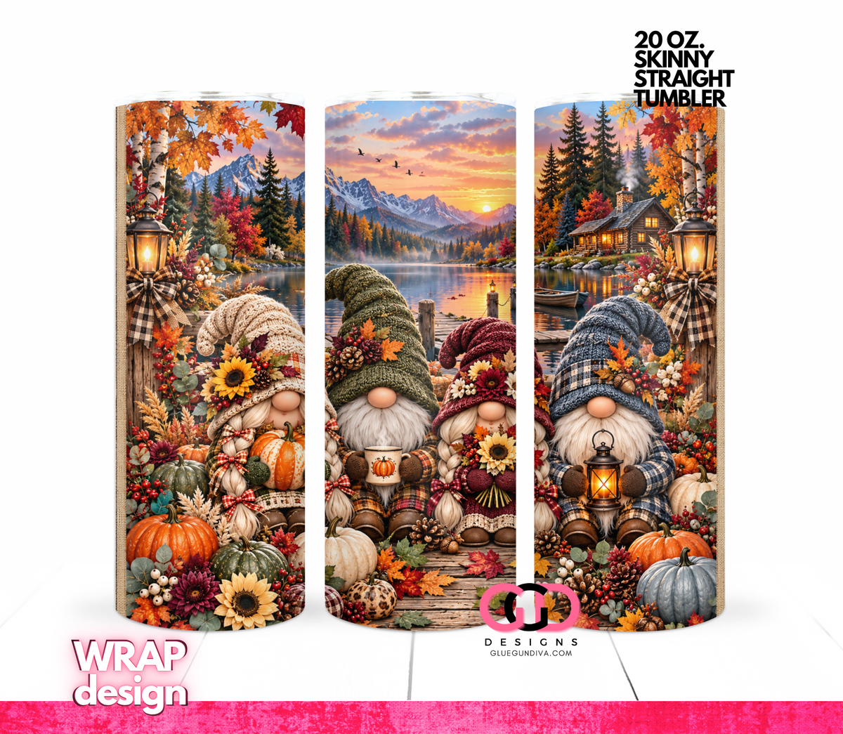 Fall Gnomes Portrait -  Digital tumbler wrap for 20 oz skinny straight tumbler