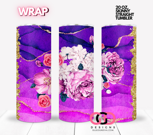 Purple Gold Pretty Flowers -  Digital tumbler wrap for 20 oz skinny straight tumbler