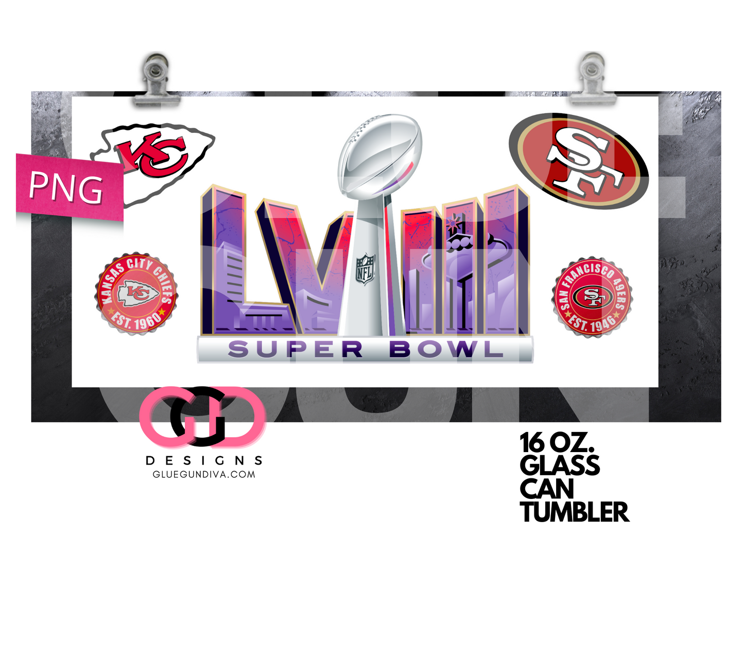 SuperBowl 2024 teams-   Digital wrap for 16 oz glass can