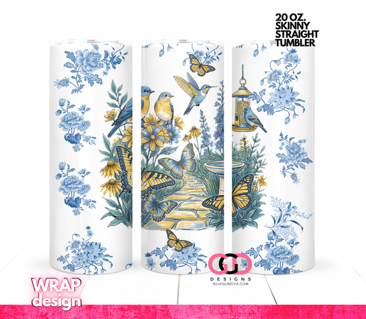 Birds Flowers Chinoiserie- Digital tumbler wrap for 20 oz skinny straight tumbler