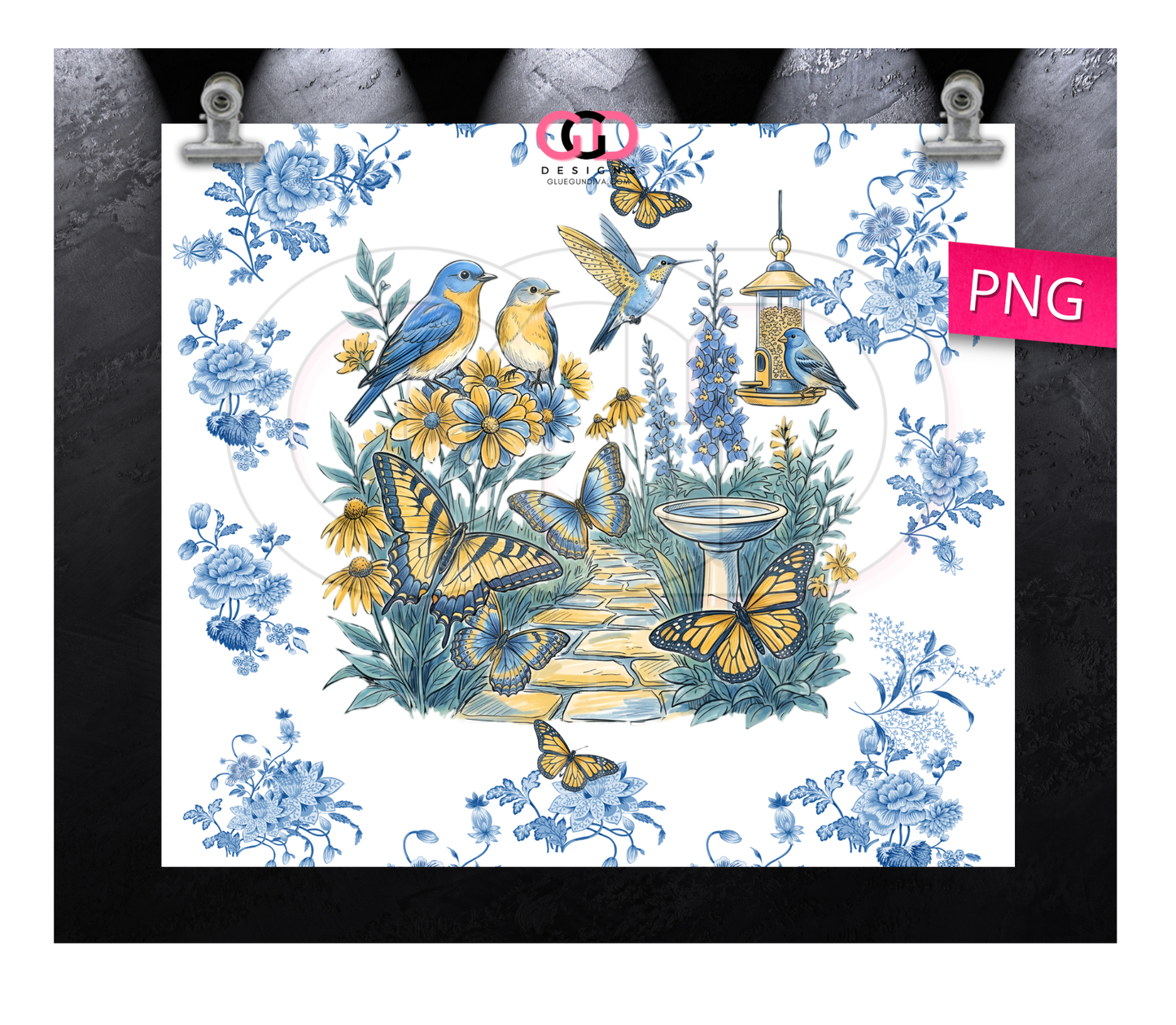 Birds Flowers Chinoiserie- Digital tumbler wrap for 20 oz skinny straight tumbler