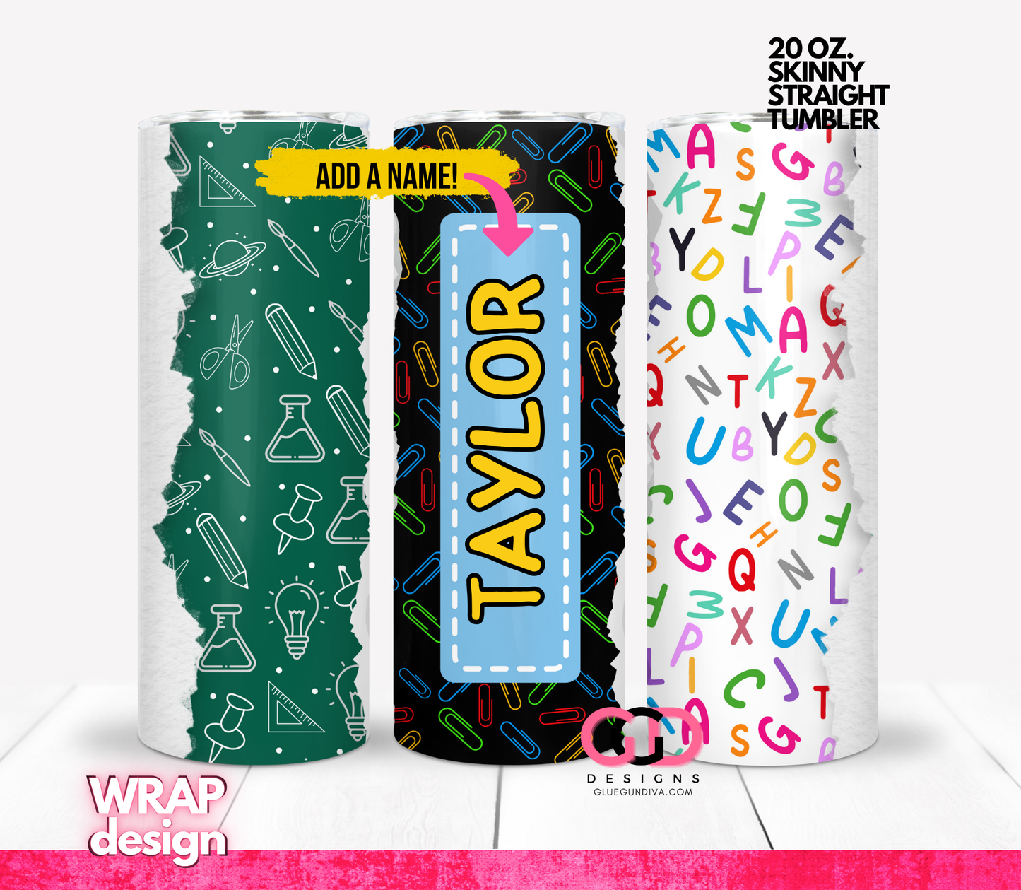 School With Label -  Digital tumbler wrap for 20 oz skinny straight tumbler