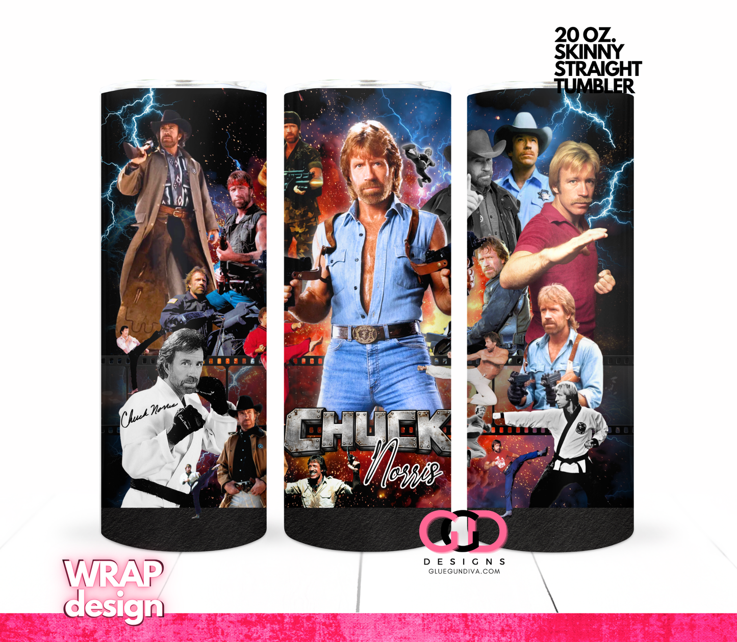 Chuck Norris Collage -  Digital tumbler wrap for 20 oz skinny straight tumbler