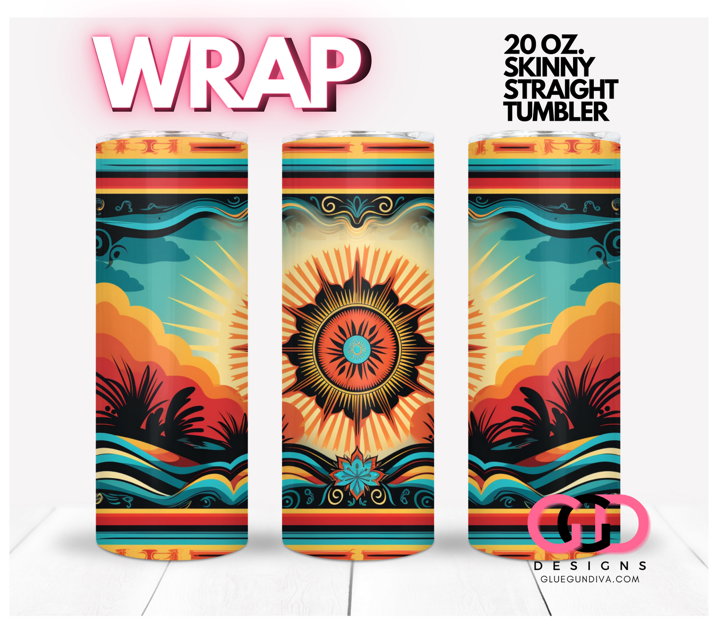 Western Sun and Turquoise waves -   Digital tumbler wrap for 20 oz skinny straight tumbler