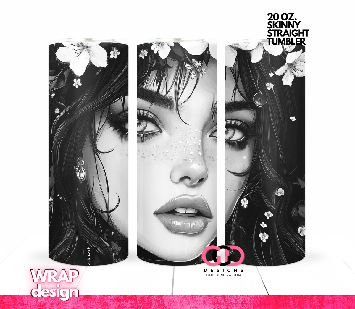 Black and White Beauty - Digital tumbler wrap for 20 oz skinny straight tumbler