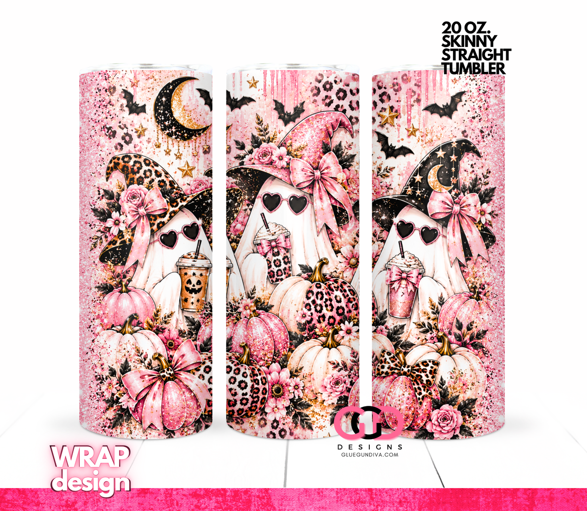 Three Pink Ghosts -  Digital tumbler wrap for 20 oz skinny straight tumbler
