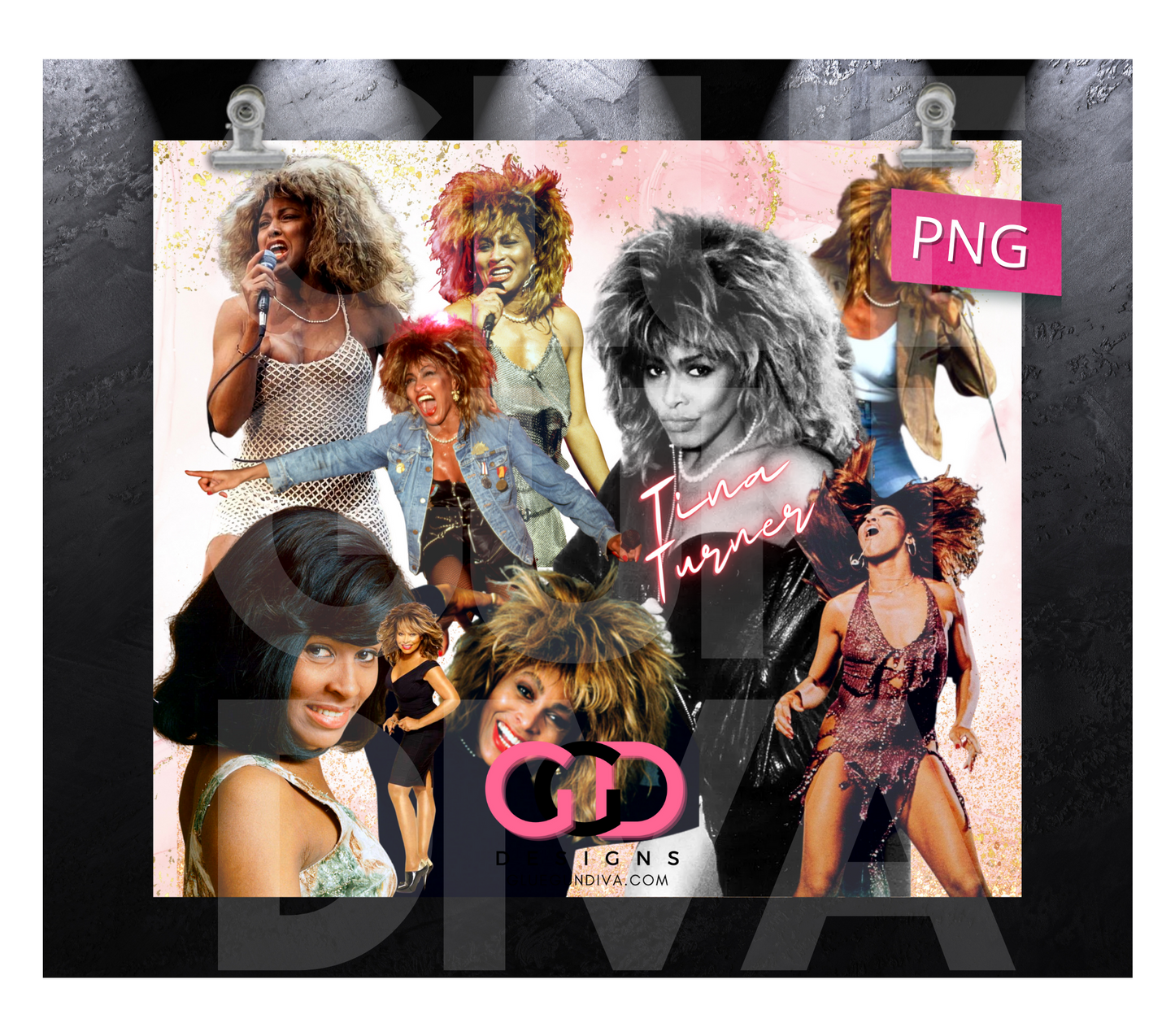 Tina Turner Pink Gold Background-   Digital tumbler wrap for 20 oz skinny straight tumbler