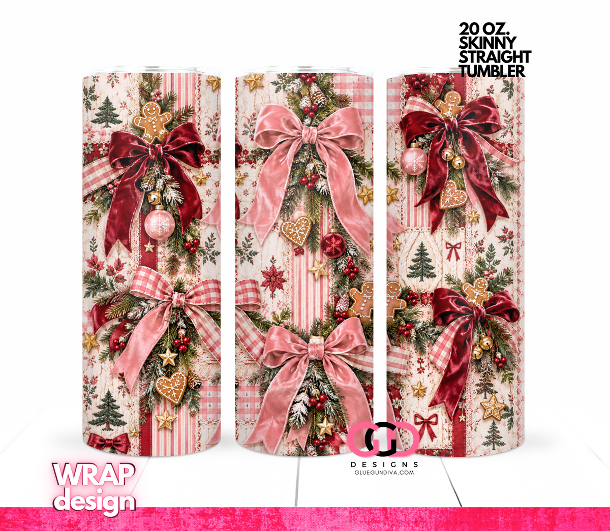 Velvet Bows Christmas -  Digital tumbler wrap for 20 oz skinny straight tumbler